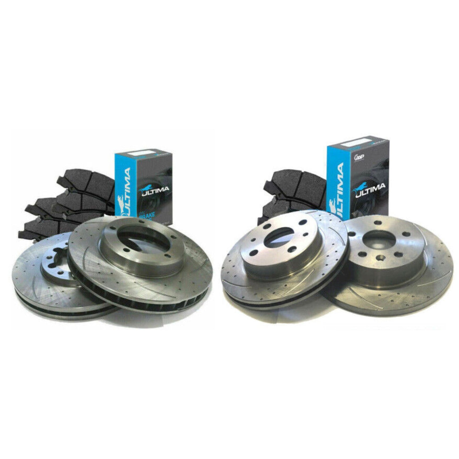 SLOTTED Front & REAR BRAKE ROTORS & ULTIMA PADS COMMODORE VT VX VY VZ