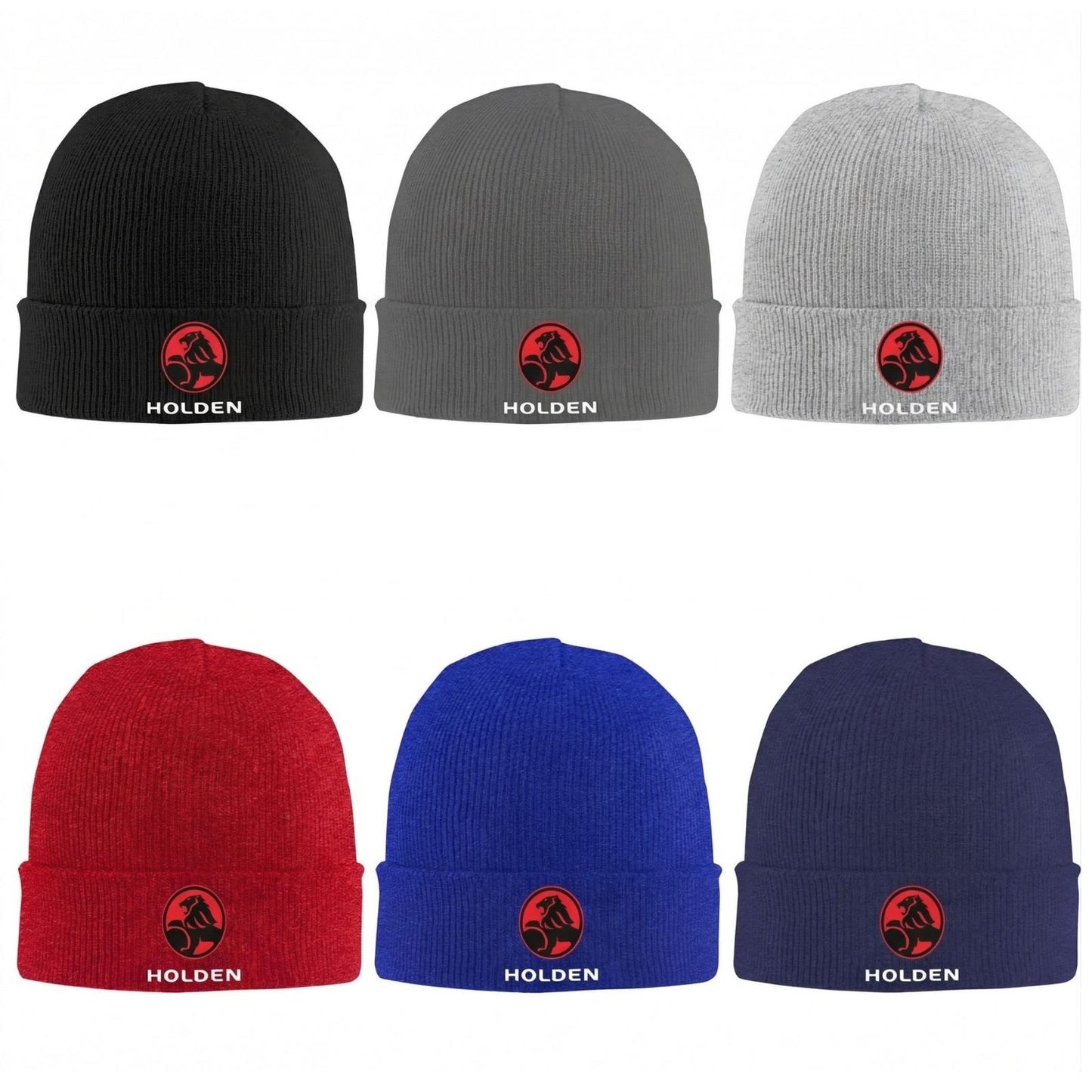 Set of six beanies in black, gray, red, blue, and navy with Holden logo on a white background
