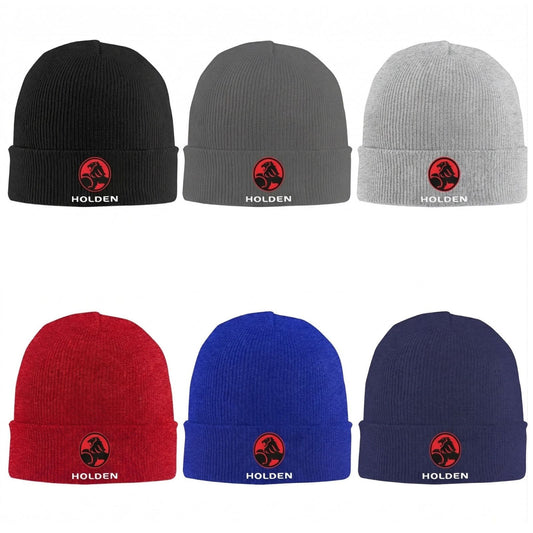 Set of six beanies in black, gray, red, blue, and navy with Holden logo on a white background