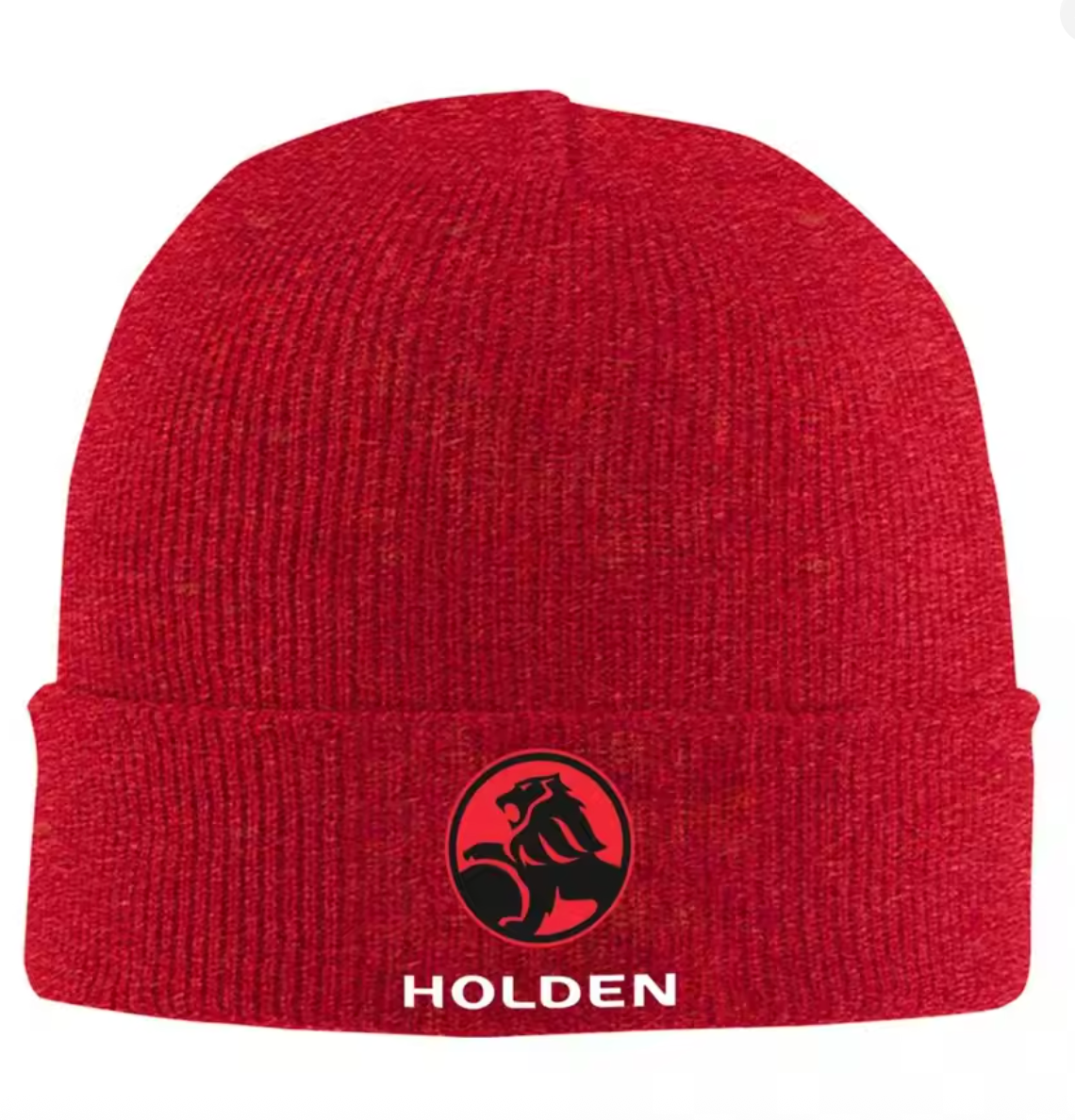 Red beanie with Holden logo on a white background