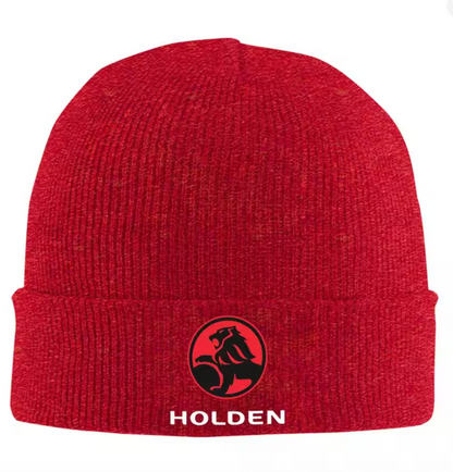 Red beanie with Holden logo on a white background