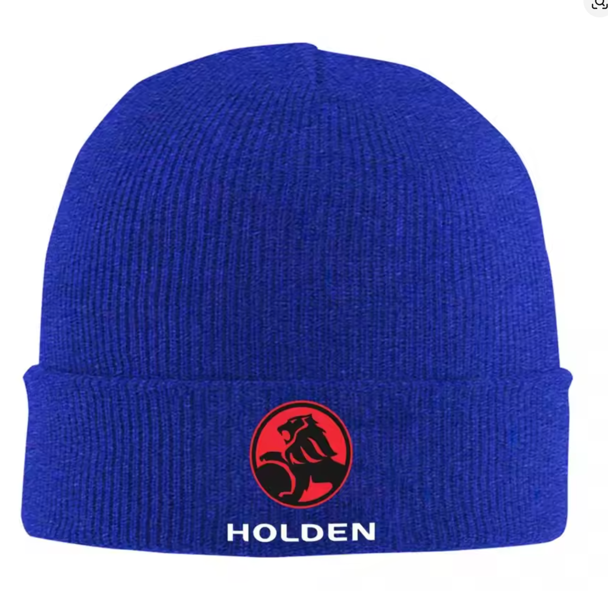 Blue beanie with Holden logo on a white background