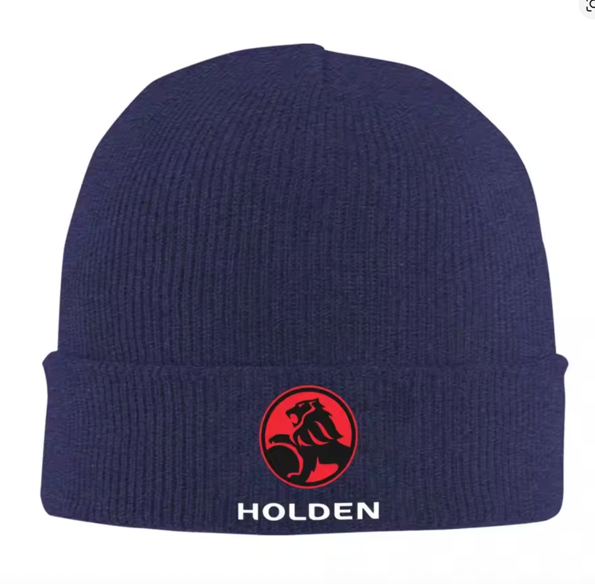 Navy blue beanie with Holden logo on a white background