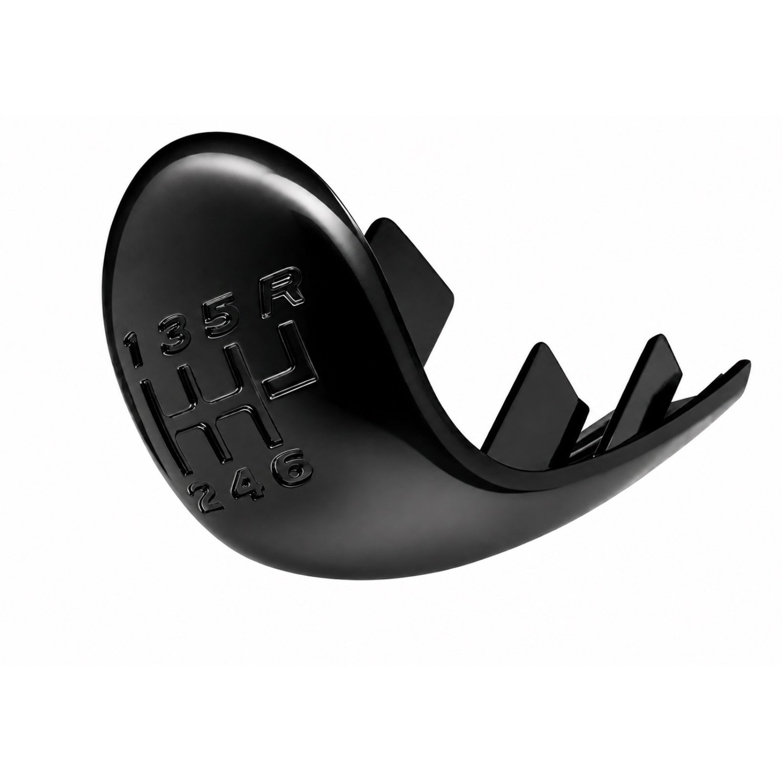 A black plastic 5-speed manual gear shift selector knob cover with embossed shift pattern markings 6 speed on a clean white background. for holden commodore